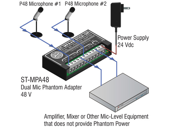 MICROPHONE 48 V PHANTOM ADAPTER - 2 CHANNEL